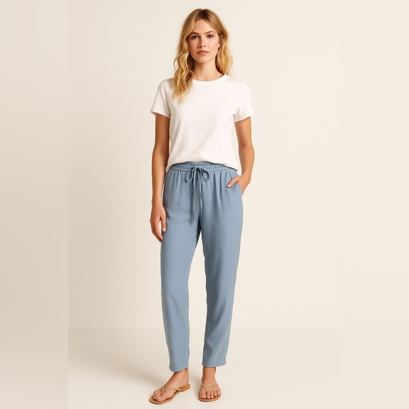 Zara Basic Slate Blue Flowy Elastic Waist Tie Front Trousers Pants sz Medium - Picture 1 of 9